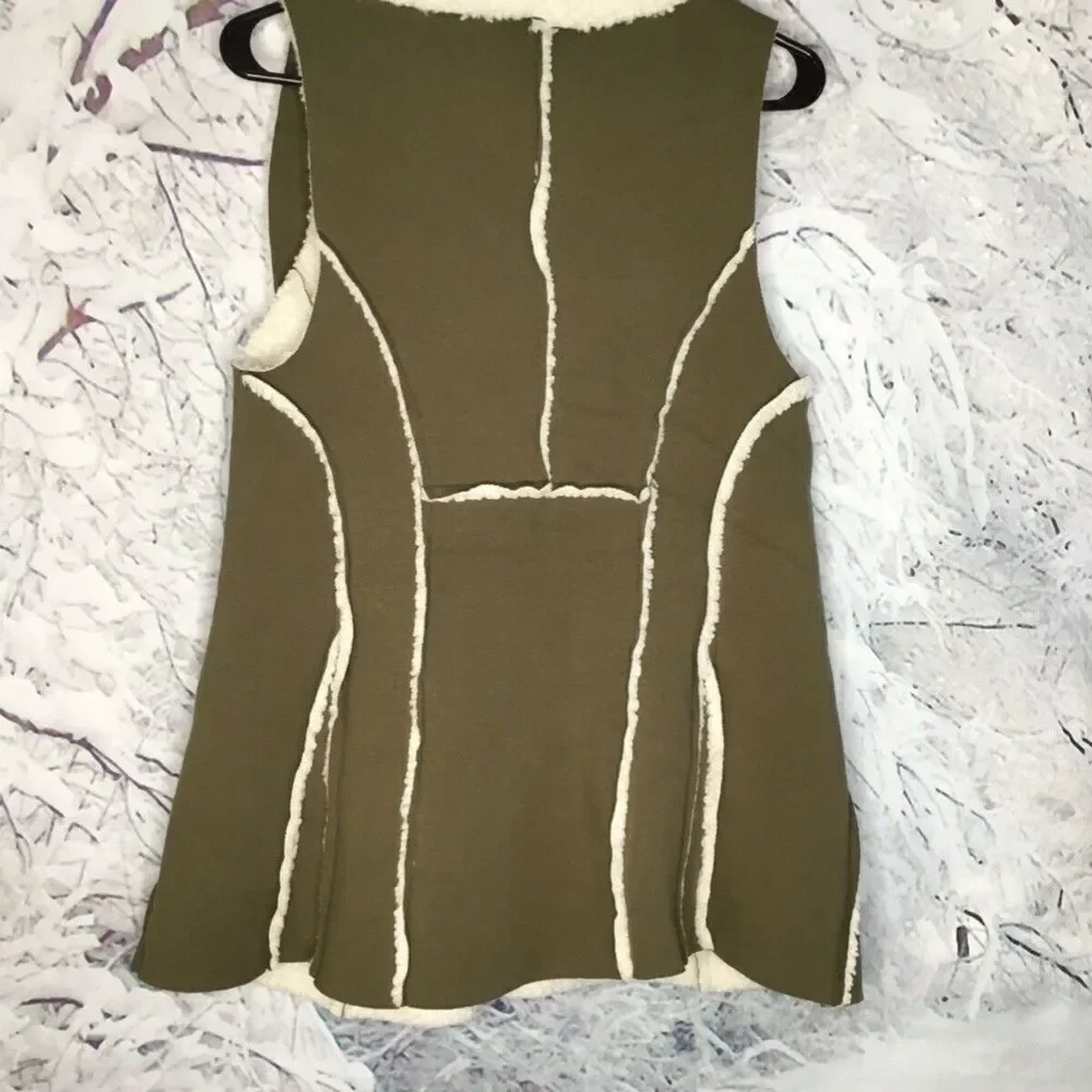 Indigo Soul Women's Draped Sherpa Cozy Suede/Fur Olive Winter‎ Vest Size S
